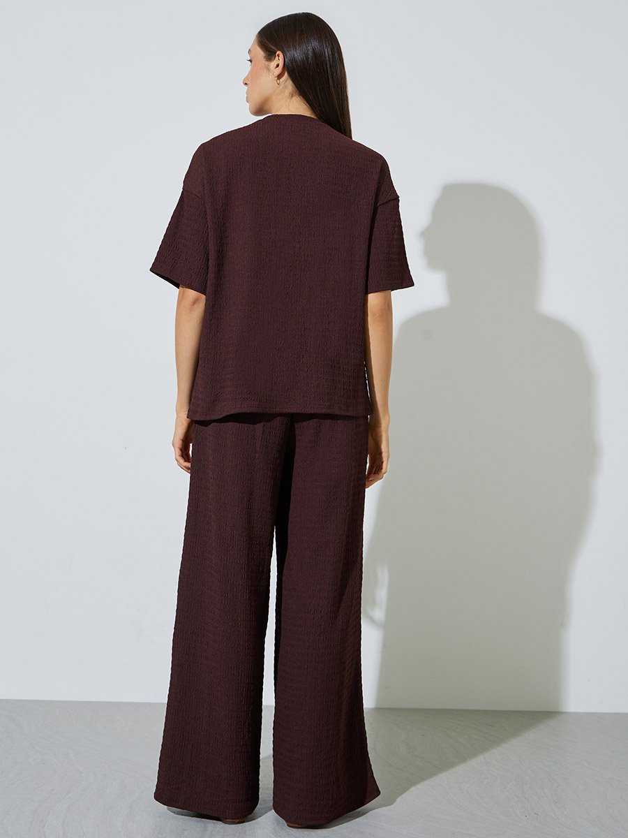 Coffee Brown Textured Top and Wide Leg Trousers Co-ord Set