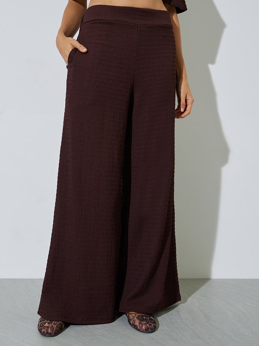 Coffee Brown Textured Top and Wide Leg Trousers Co-ord Set