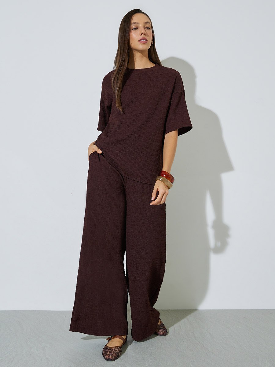 Coffee Brown Textured Top and Wide Leg Trousers Co-ord Set