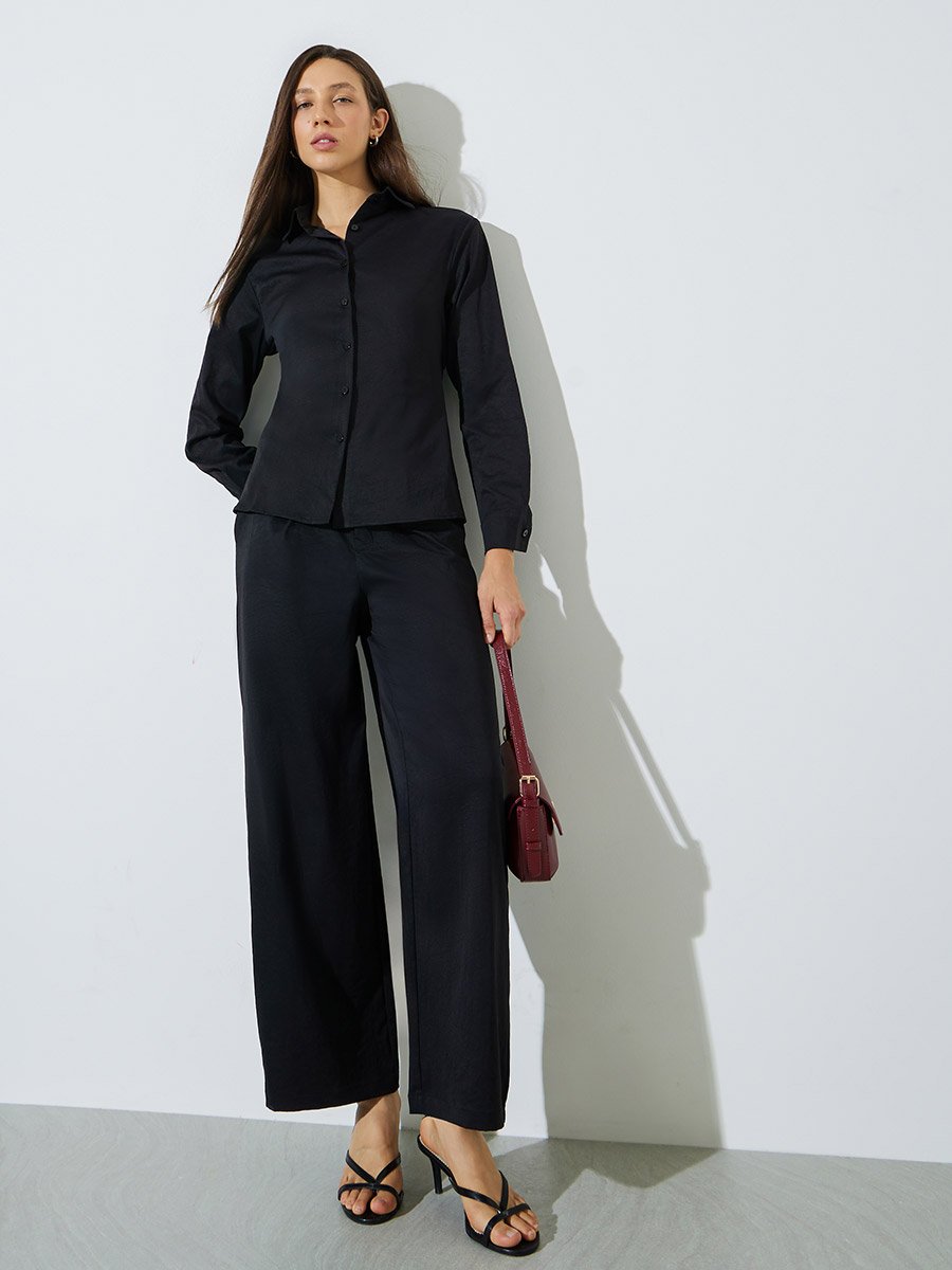 Black Solid Tie-Waist Shirt and Trousers Co-ord Set