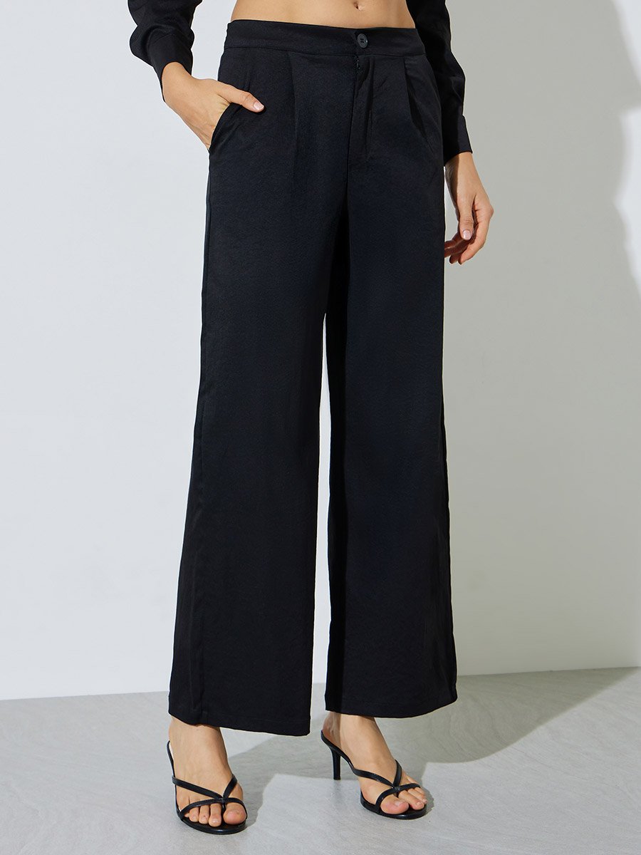 Black Solid Tie-Waist Shirt and Trousers Co-ord Set