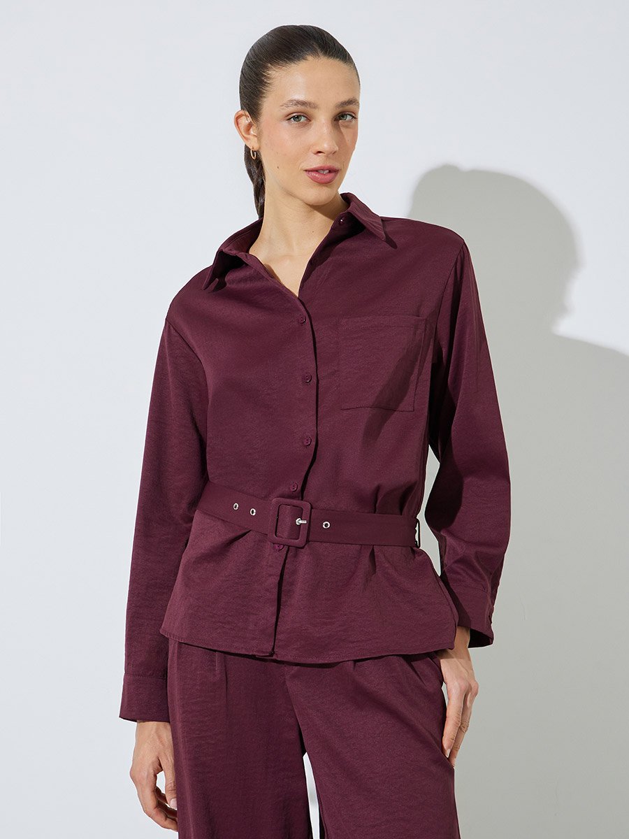 Burgundy Belted Shirt and Trousers Co-ord Set