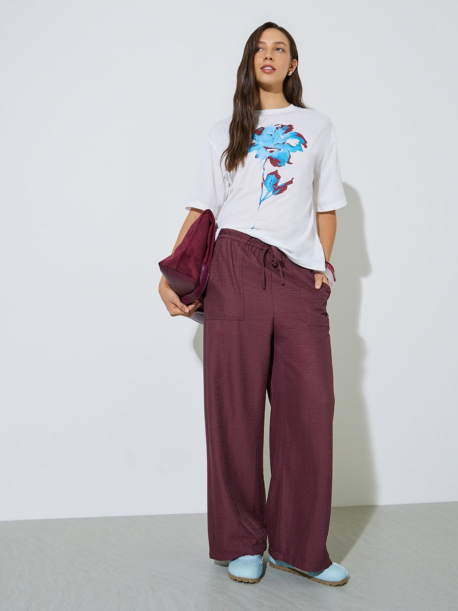 Burgundy Drawstring Wide-Leg Trousers