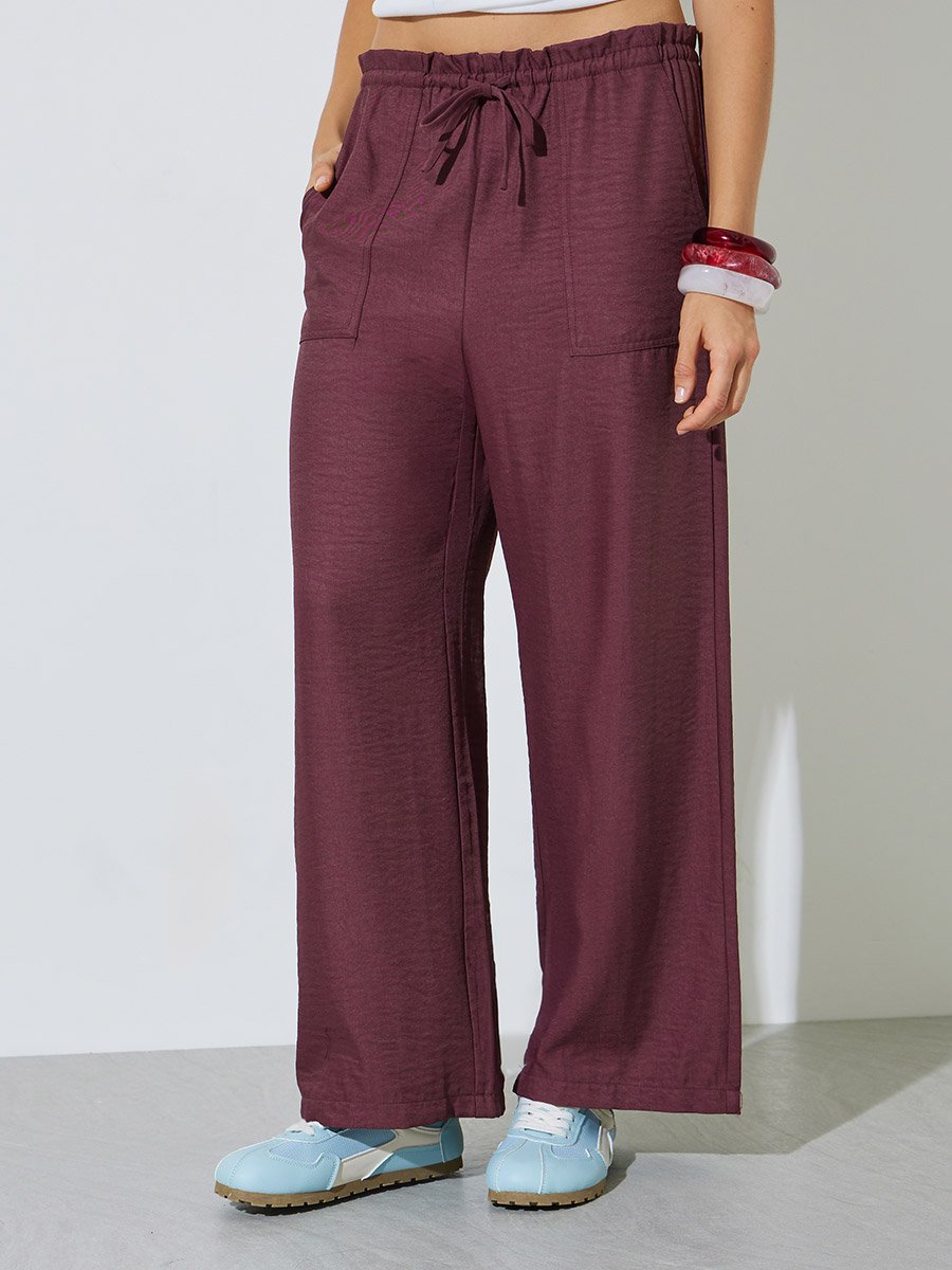 Burgundy Drawstring Wide-Leg Trousers