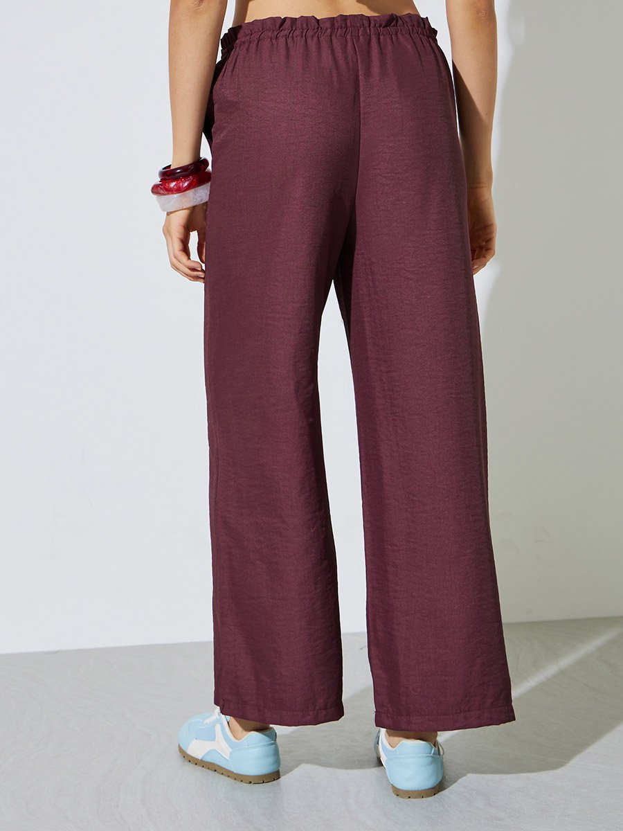 Burgundy Drawstring Wide-Leg Trousers