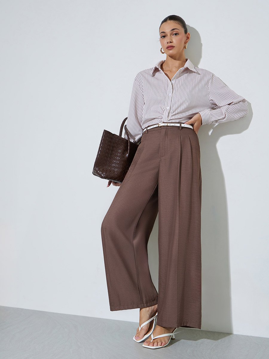 Brown Wide Leg loose Fit Pleat Detailing Pants
