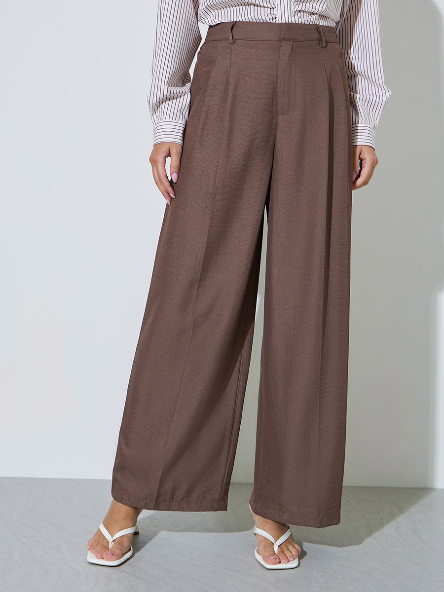 Brown Wide Leg loose Fit Pleat Detailing Pants