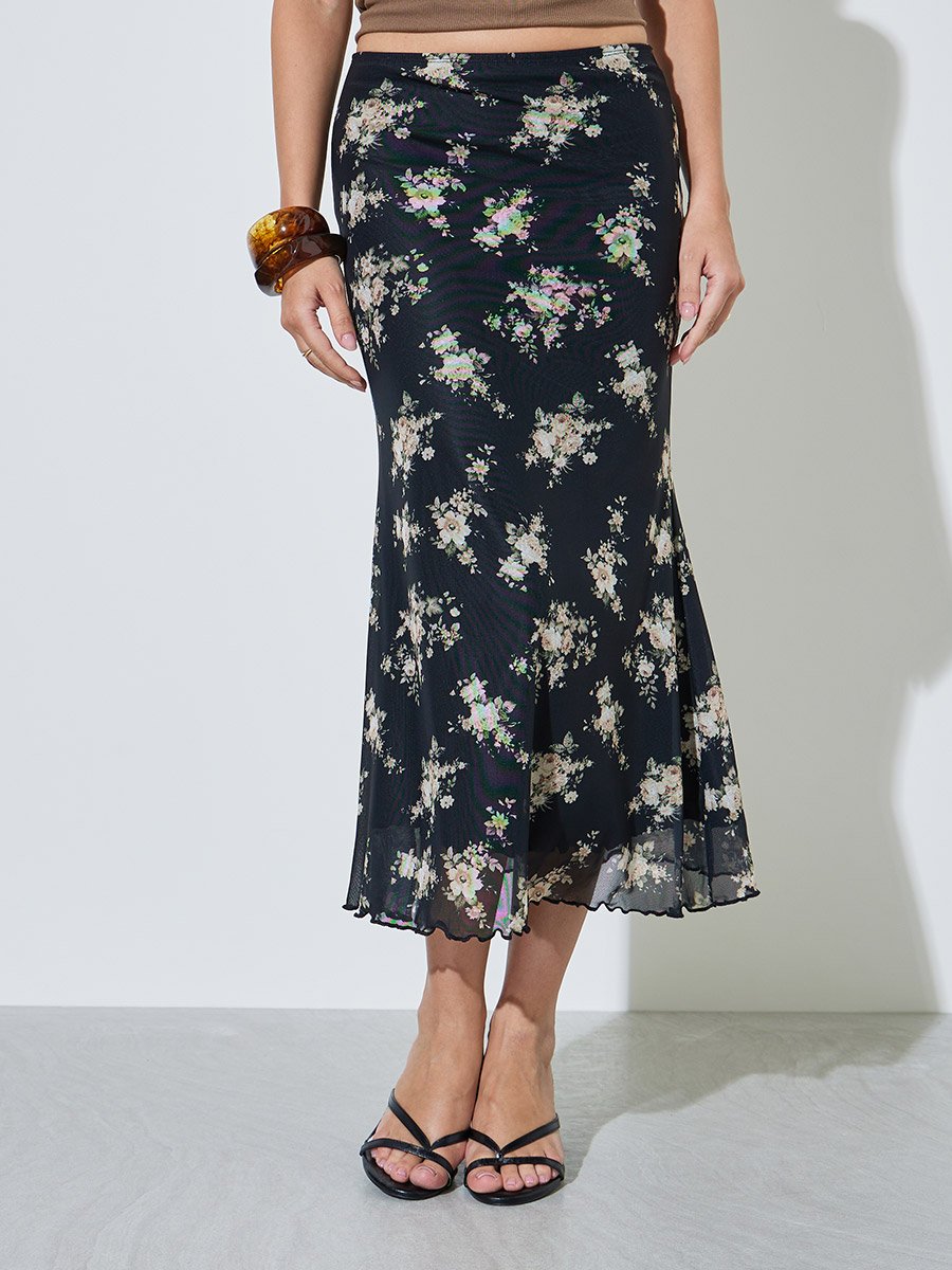 Black Floral Print Bias Midi Skirt