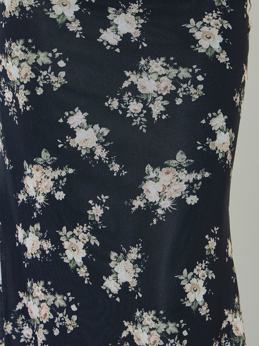 Black Floral Print Bias Midi Skirt