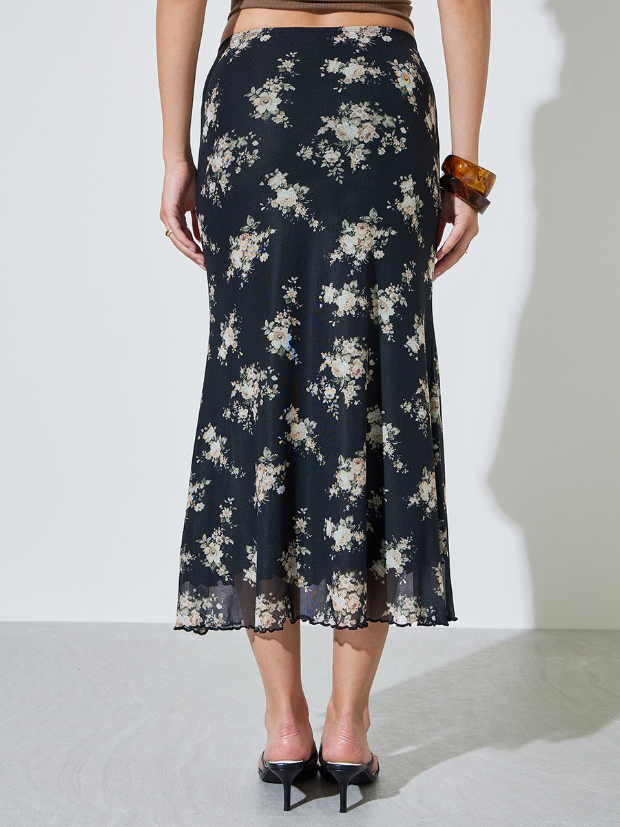 Black Floral Print Bias Midi Skirt