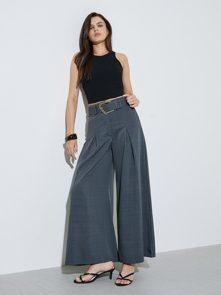 Grey Fold-Pleat Wide Leg Pants with Belt
