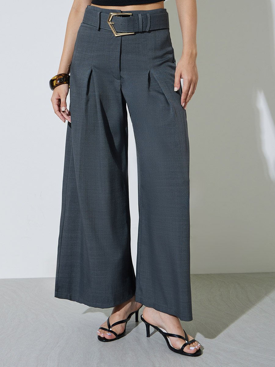 Grey Fold-Pleat Wide Leg Pants with Belt