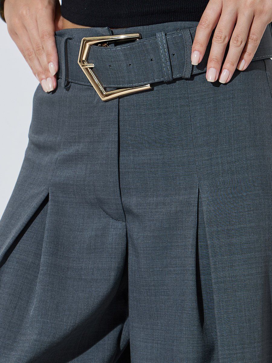 Grey Fold-Pleat Wide Leg Pants with Belt