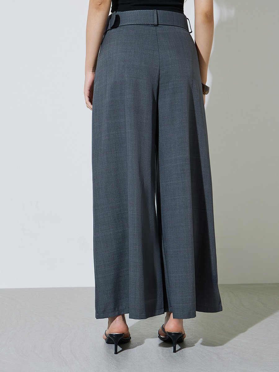 Grey Fold-Pleat Wide Leg Pants with Belt
