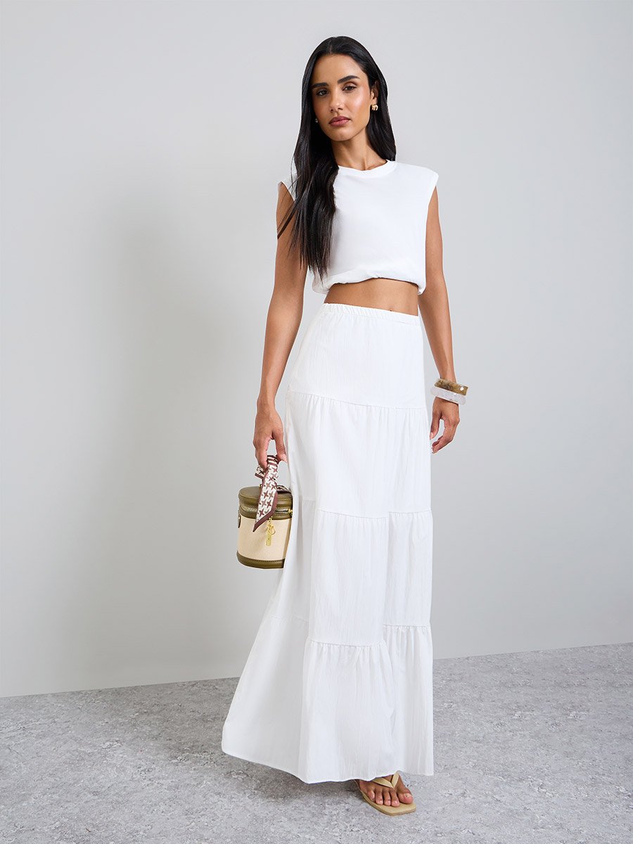 White Solid Tiered Maxi Skirt