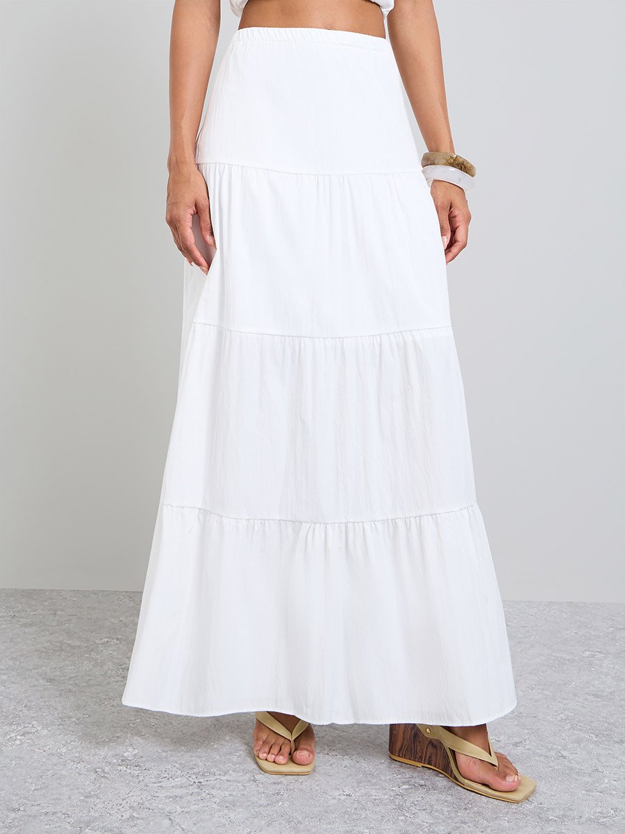 White Solid Tiered Maxi Skirt