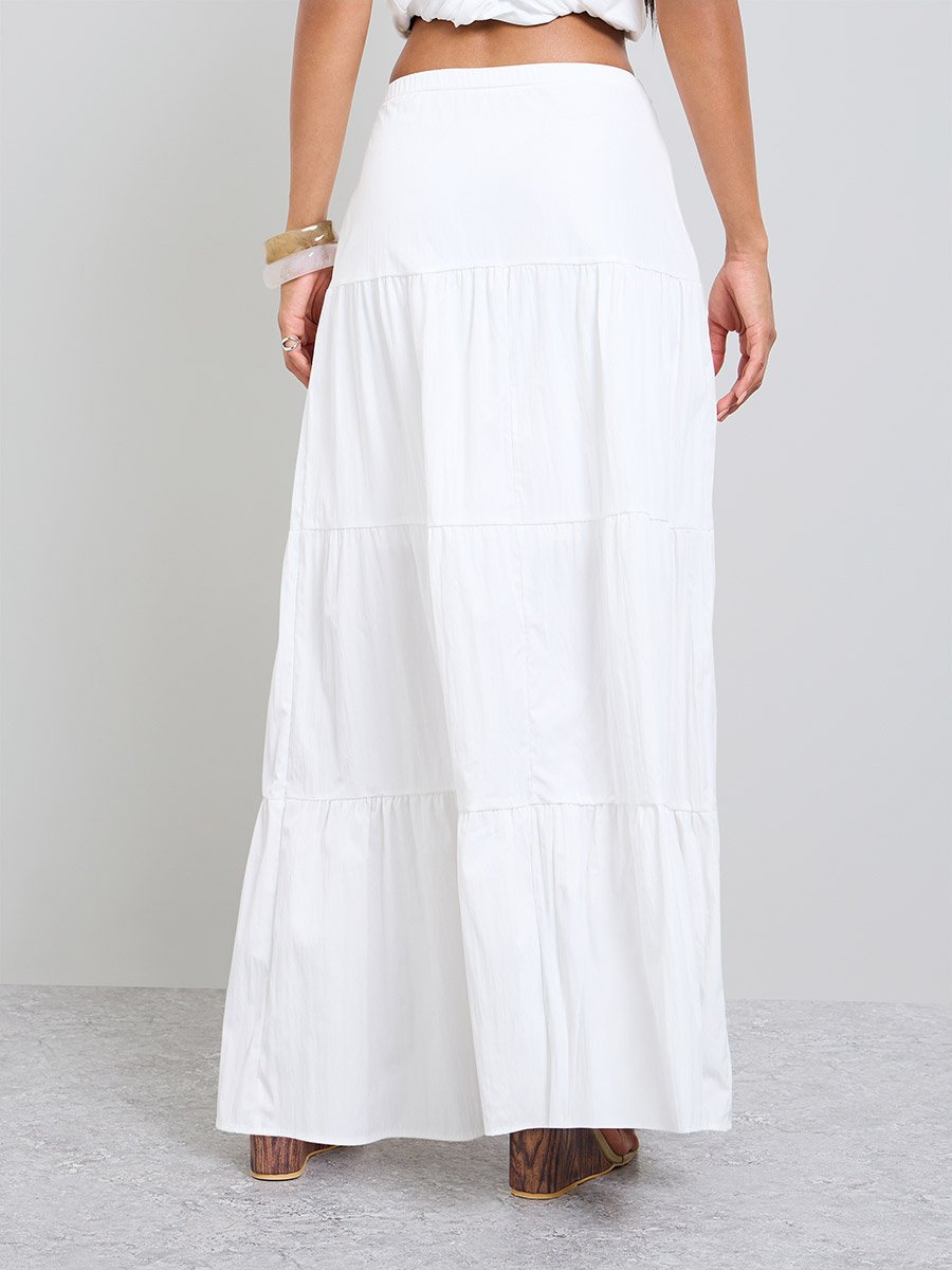 White Solid Tiered Maxi Skirt