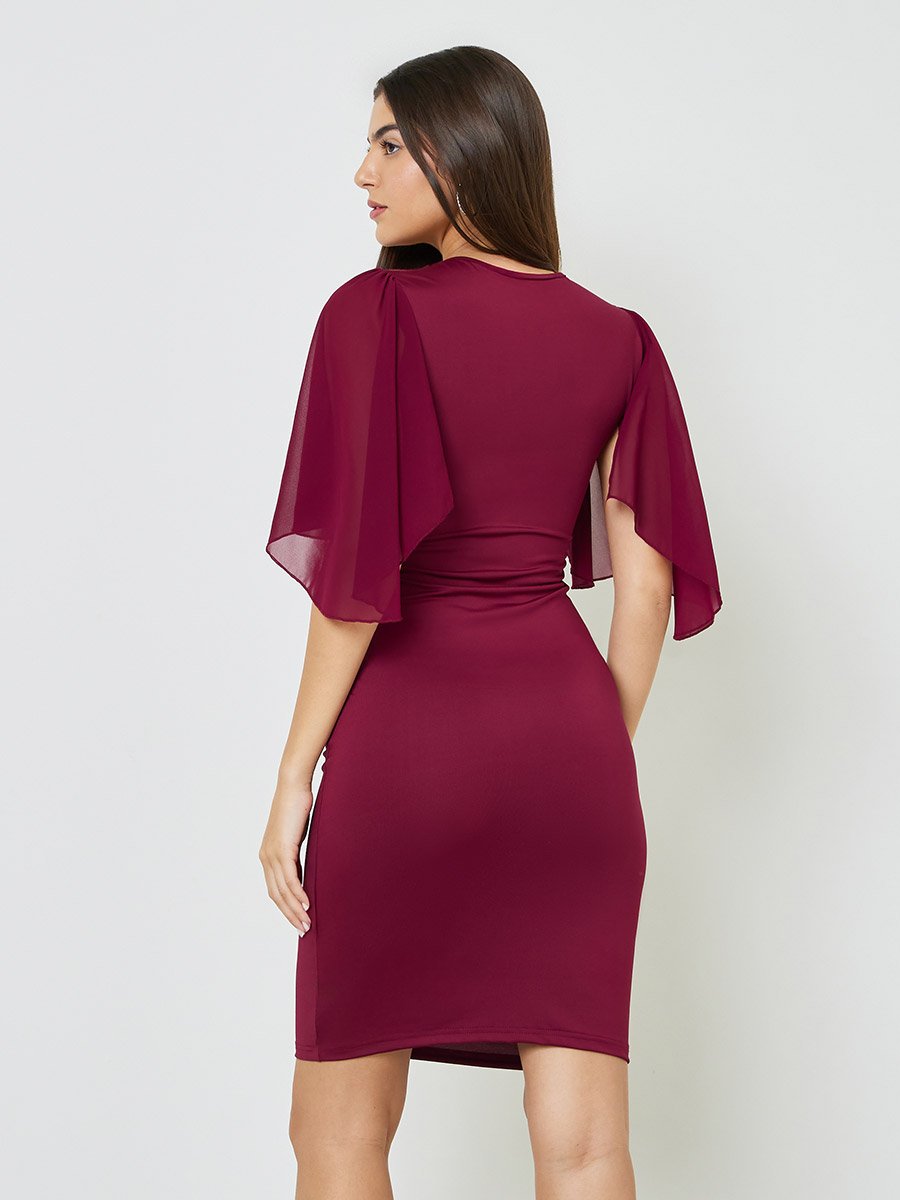 Burgundy Cape Overlay Bodycon Mini Dress