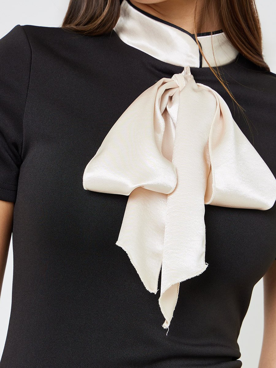 Black Bowtie Detail Bodycon Knee-Length Dress