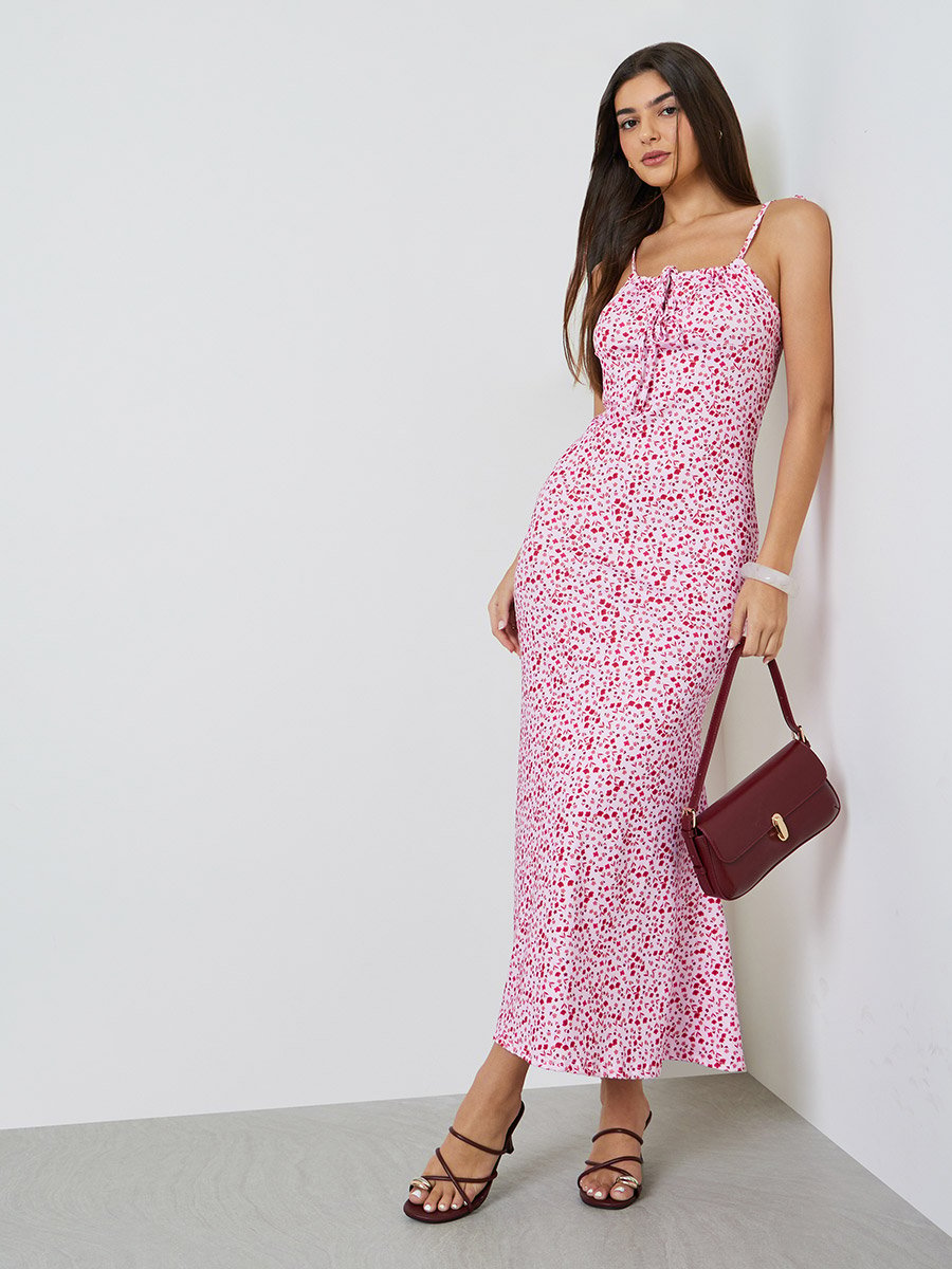 Pink Floral Strappy Fit and Flare Maxi Dress
