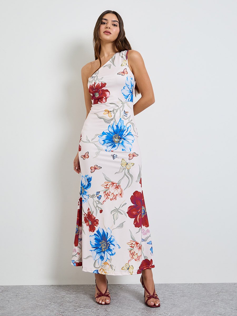 Off White Floral One Shoulder Maxi Dress