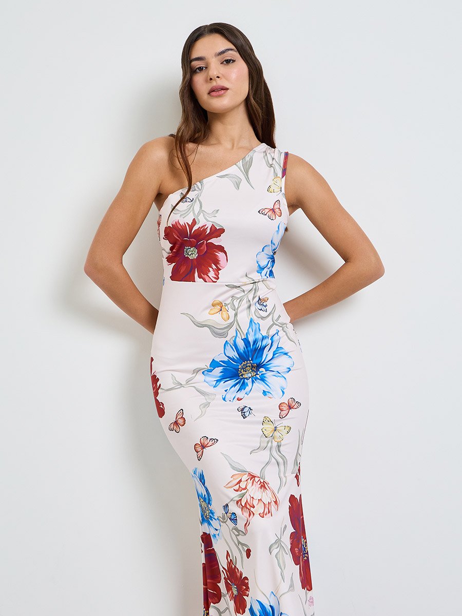 Off White Floral One Shoulder Maxi Dress