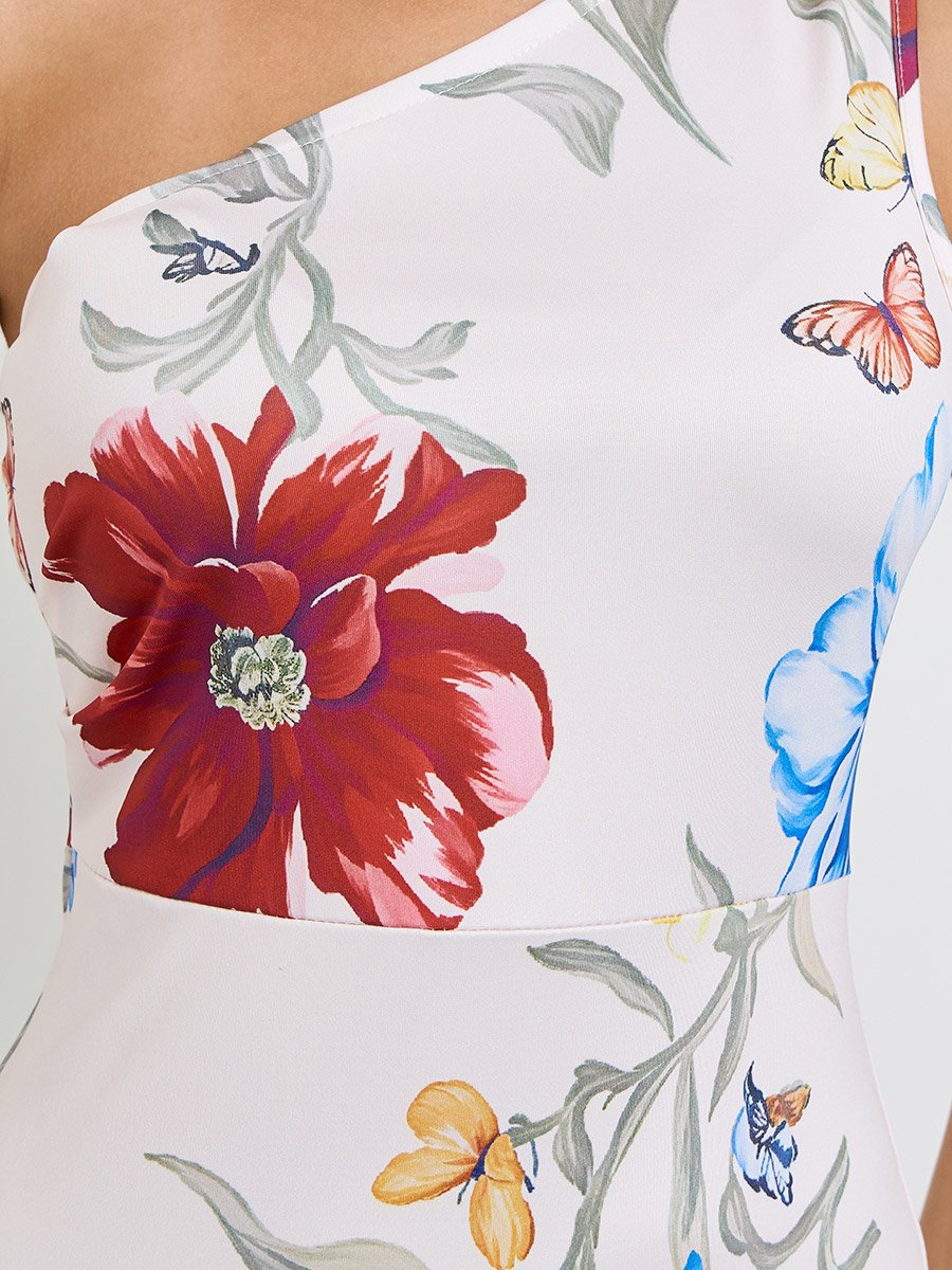 Off White Floral One Shoulder Maxi Dress