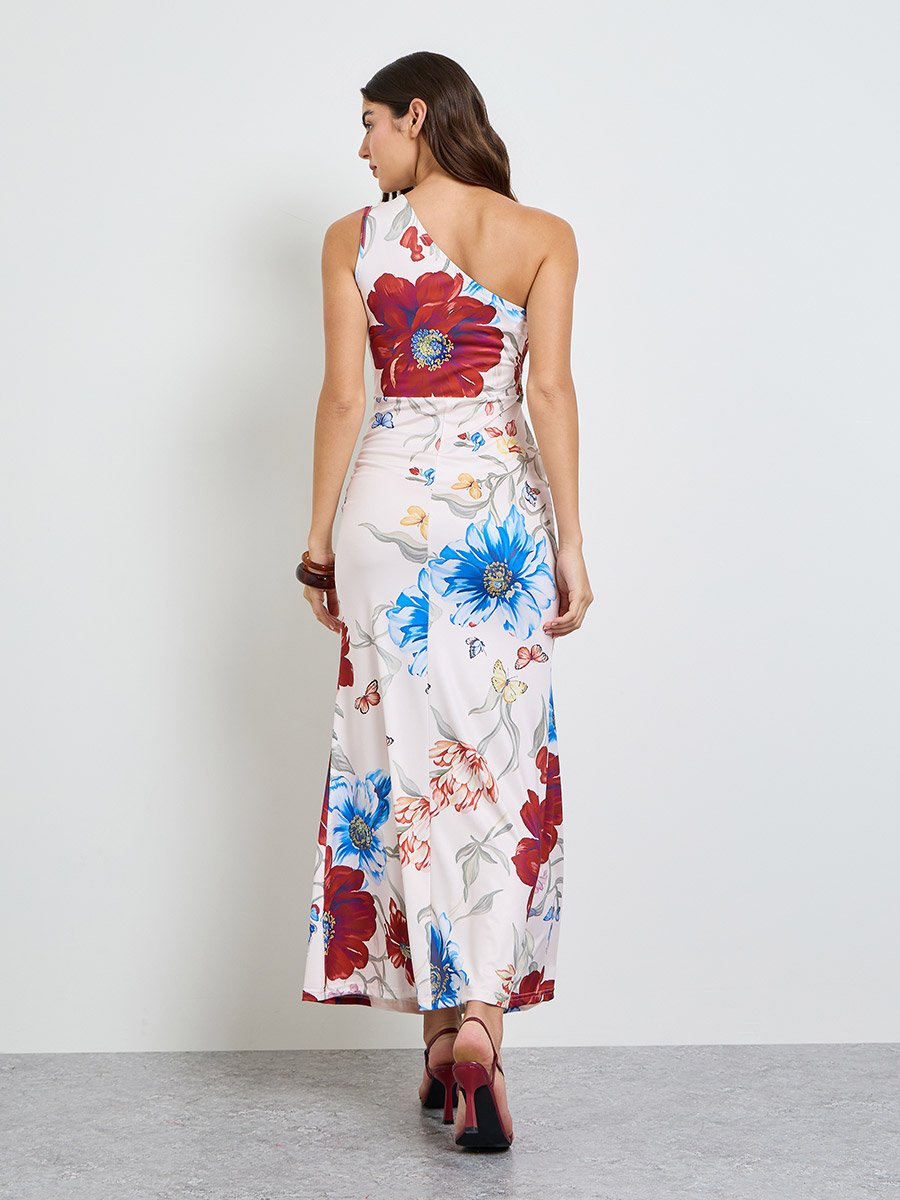 Off White Floral One Shoulder Maxi Dress