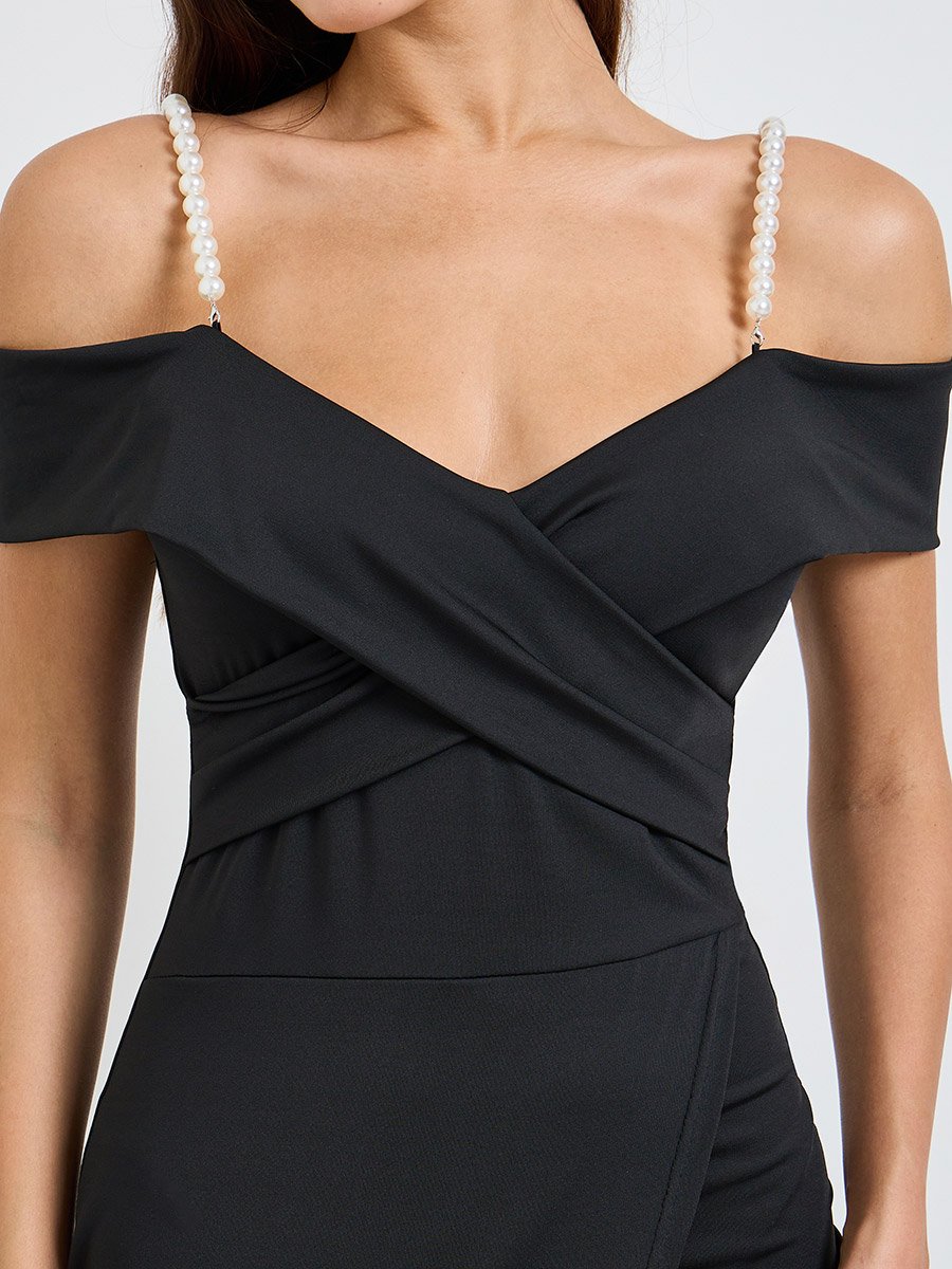 Black Faux Pearl Strap Midi Dress