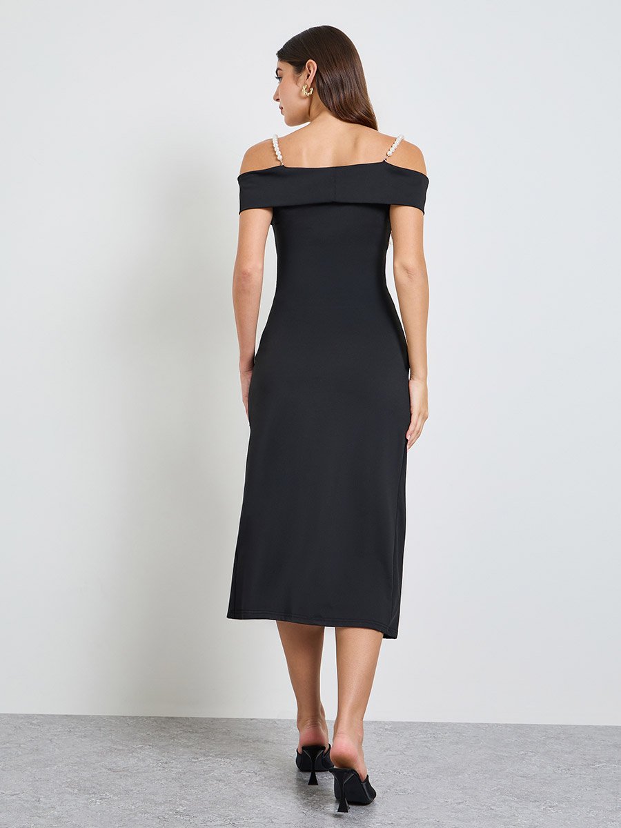 Black Faux Pearl Strap Midi Dress