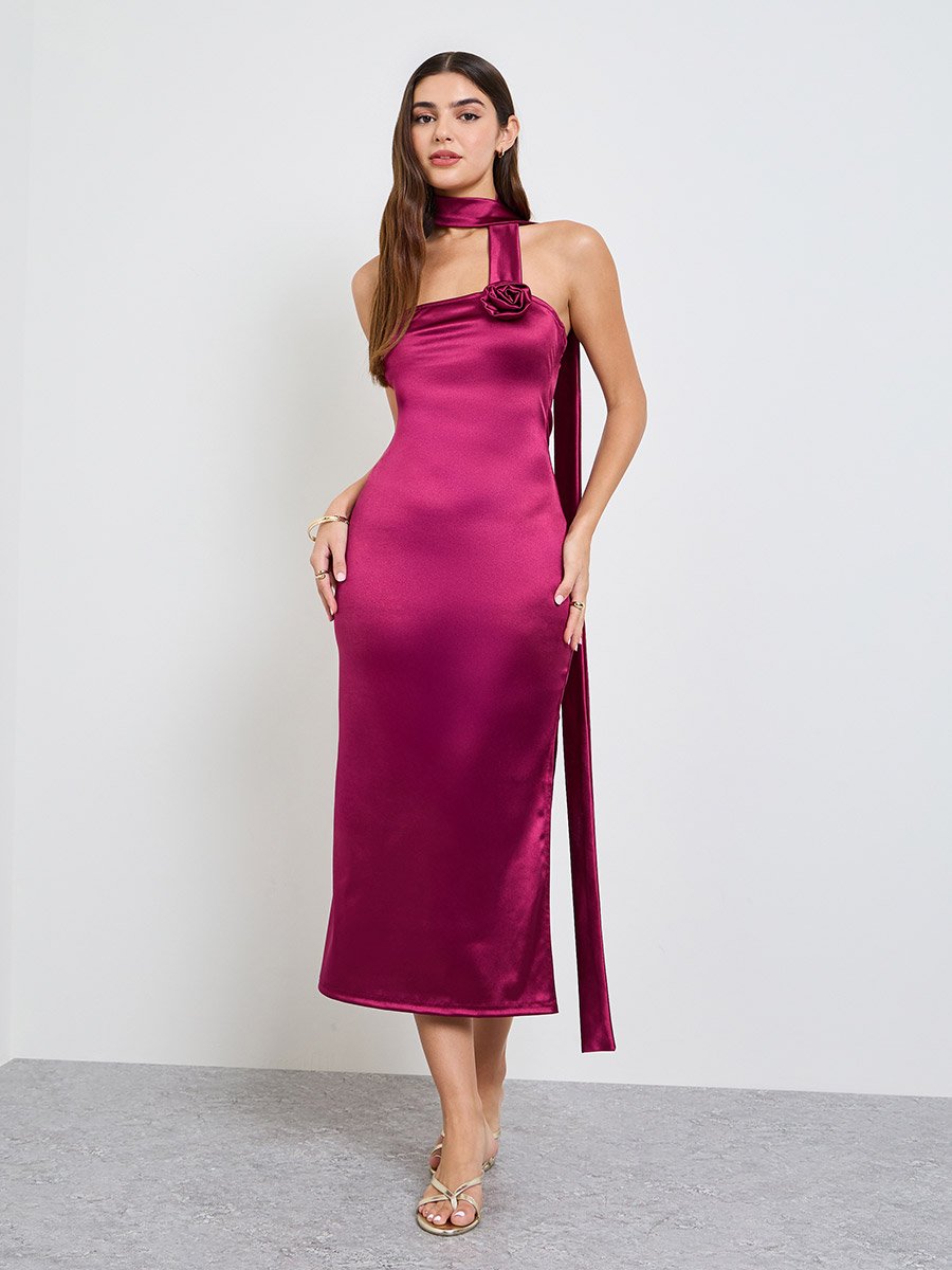 Burgundy Bandeau Midi Dress with Neck Scarf