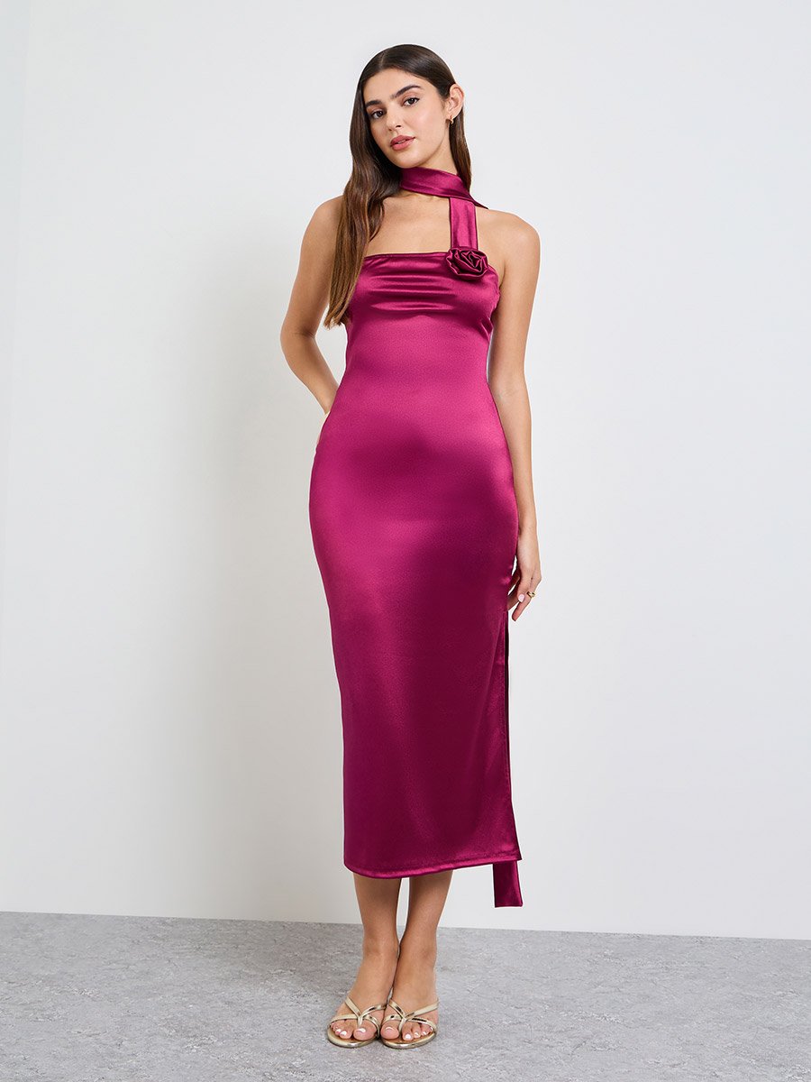 Burgundy Bandeau Midi Dress with Neck Scarf