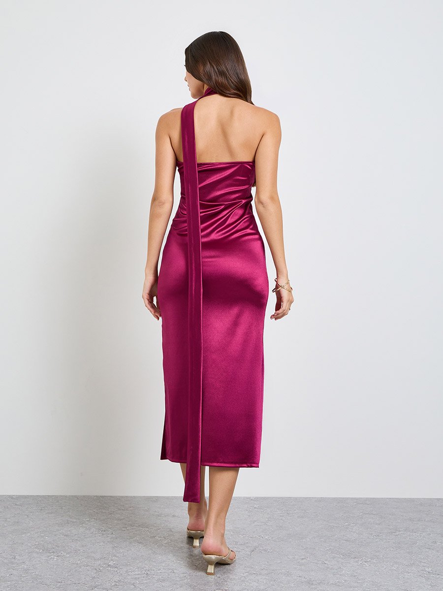 Burgundy Bandeau Midi Dress with Neck Scarf