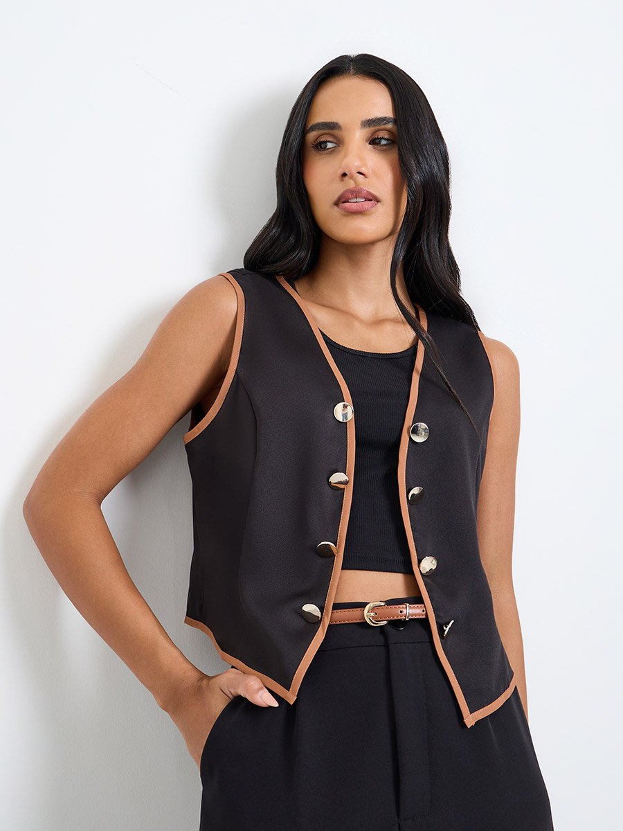 Black Contrast Trim Buttoned Waistcoat