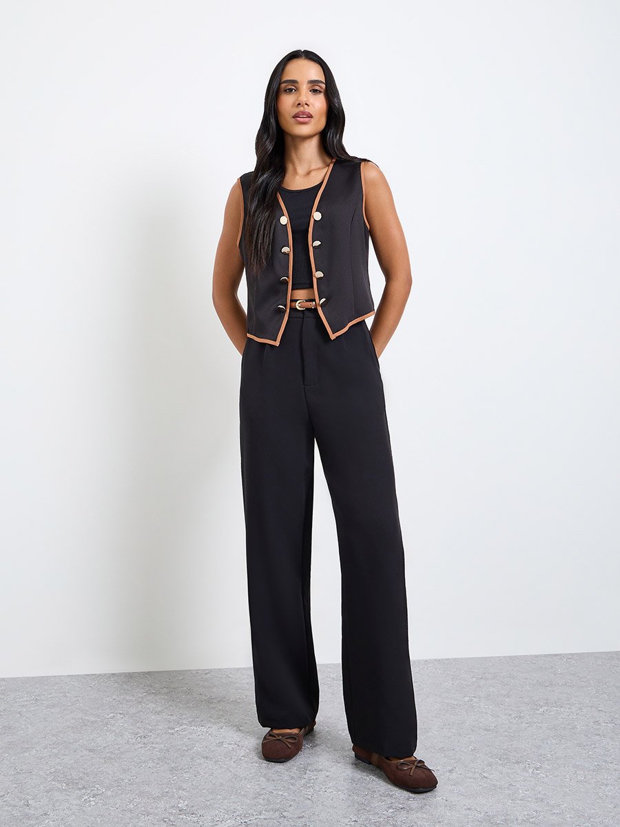 Black Contrast Trim Buttoned Waistcoat