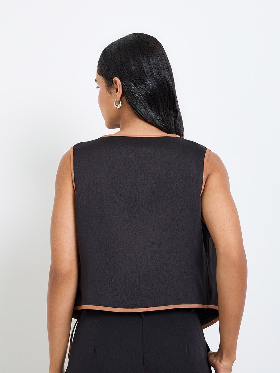 Black Contrast Trim Buttoned Waistcoat