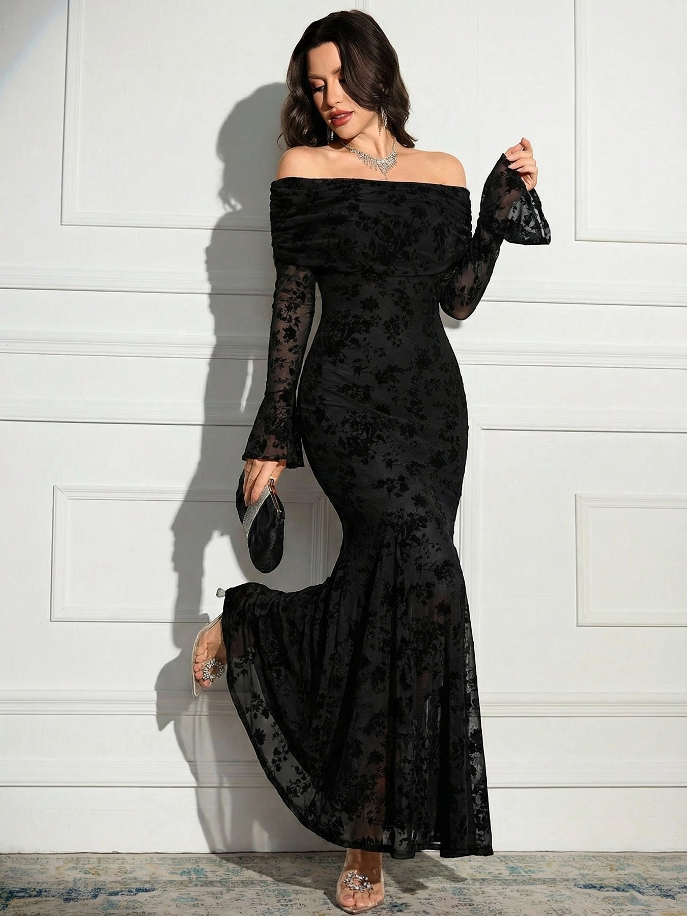 Black Floral Lace Bodycon Maxi Dress