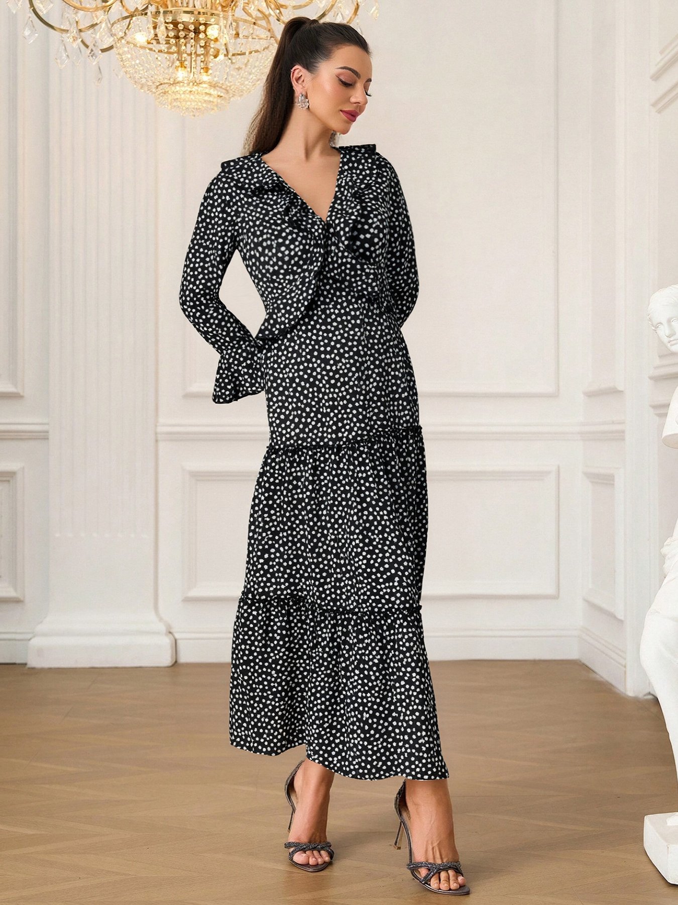 Black Polka Dot Ruffled Maxi Dress