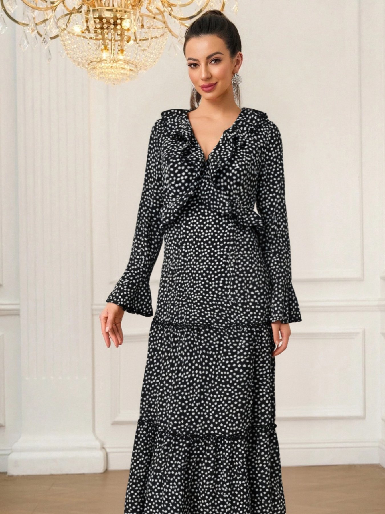 Black Polka Dot Ruffled Maxi Dress