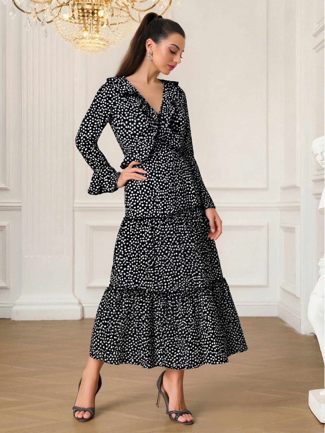 Black Polka Dot Ruffled Maxi Dress