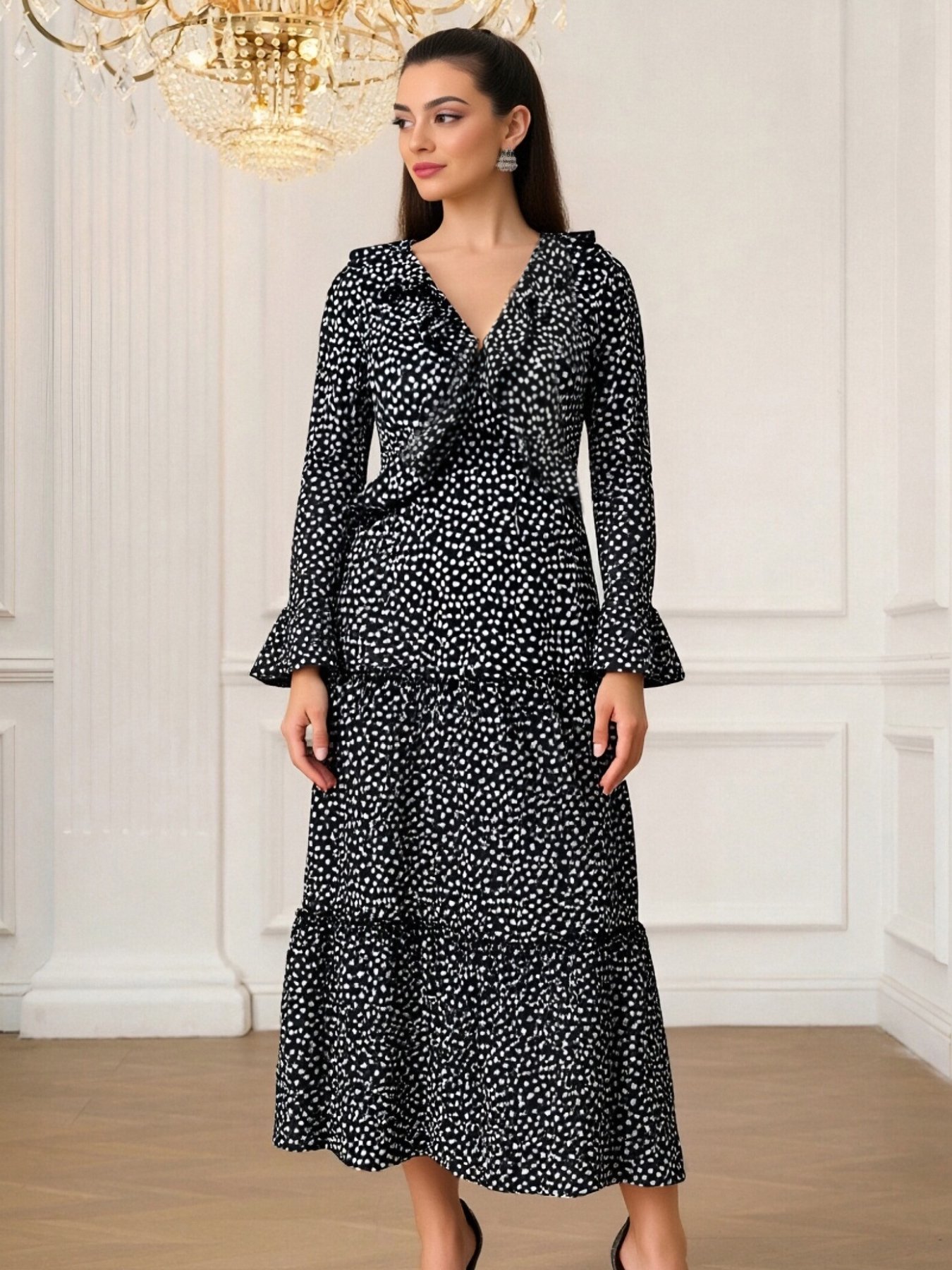 Black Polka Dot Ruffled Maxi Dress
