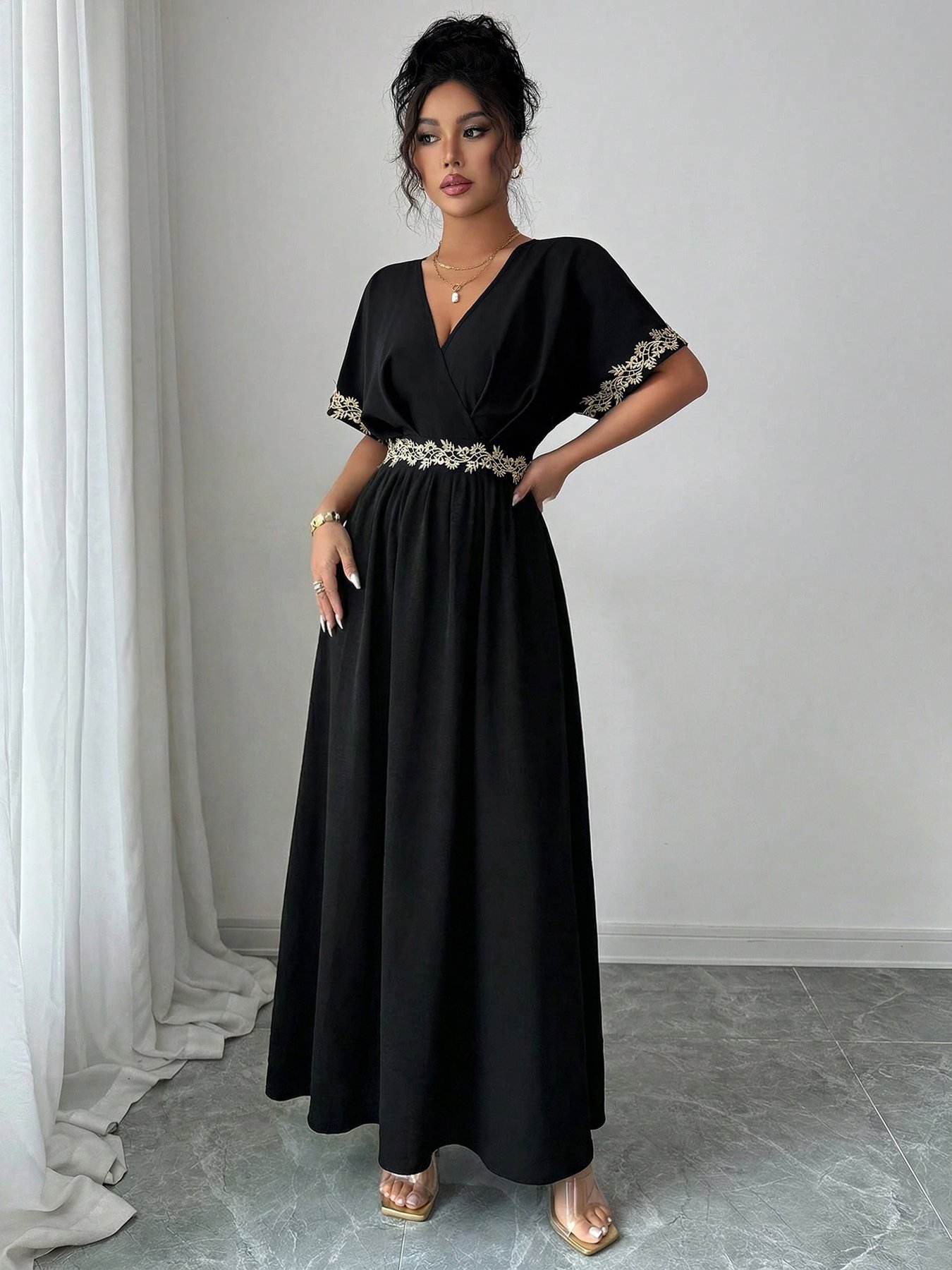 Black Short Sleeve Maxi Dress with Gold Trim