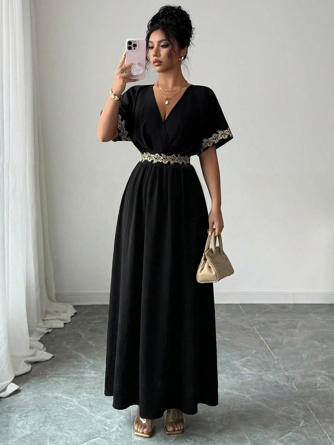 Black Short Sleeve Maxi Dress with Gold Trim