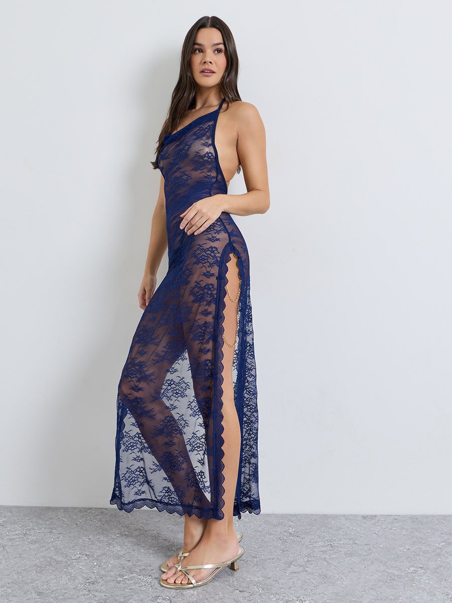 Navy Blue Floral Lace Halter Neck Slip with High Slit and Brief