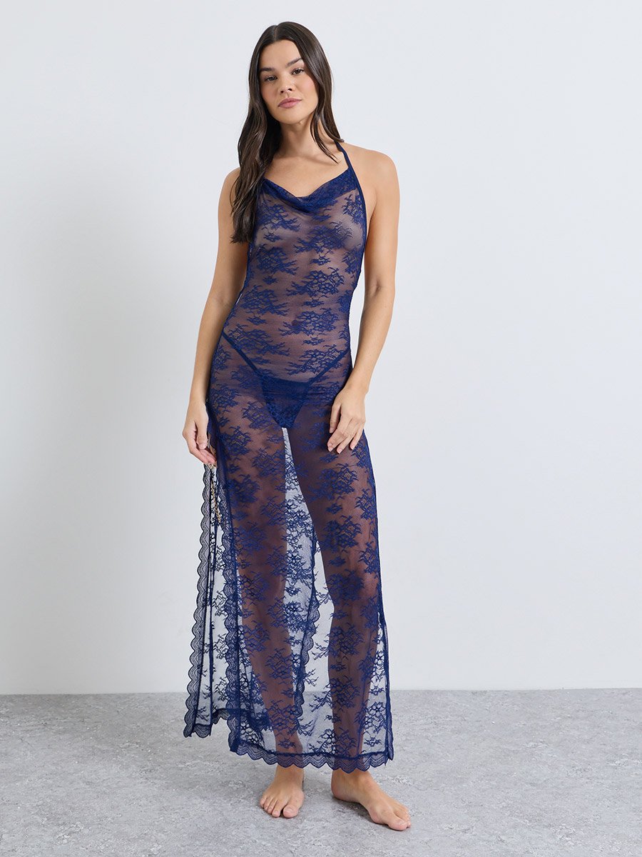 Navy Blue Floral Lace Halter Neck Slip with High Slit and Brief
