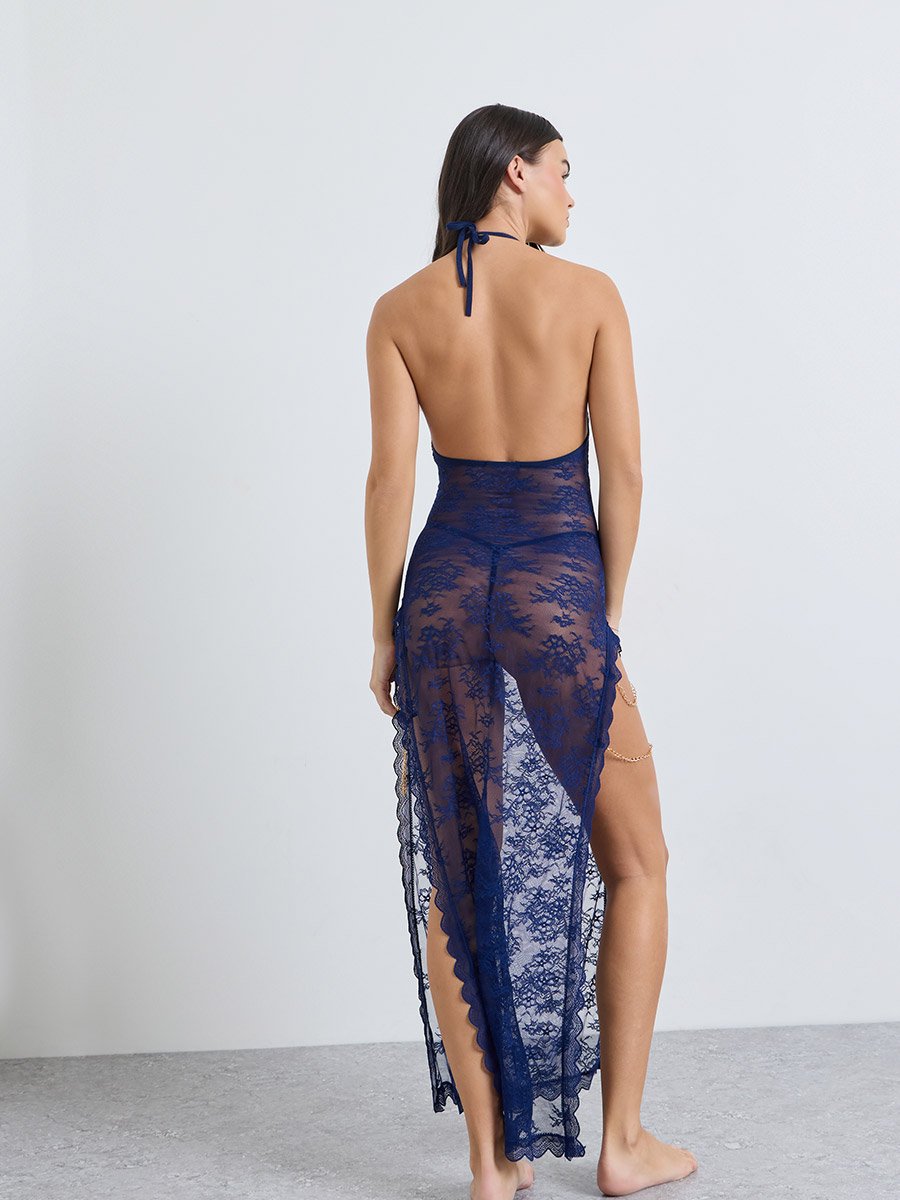 Navy Blue Floral Lace Halter Neck Slip with High Slit and Brief