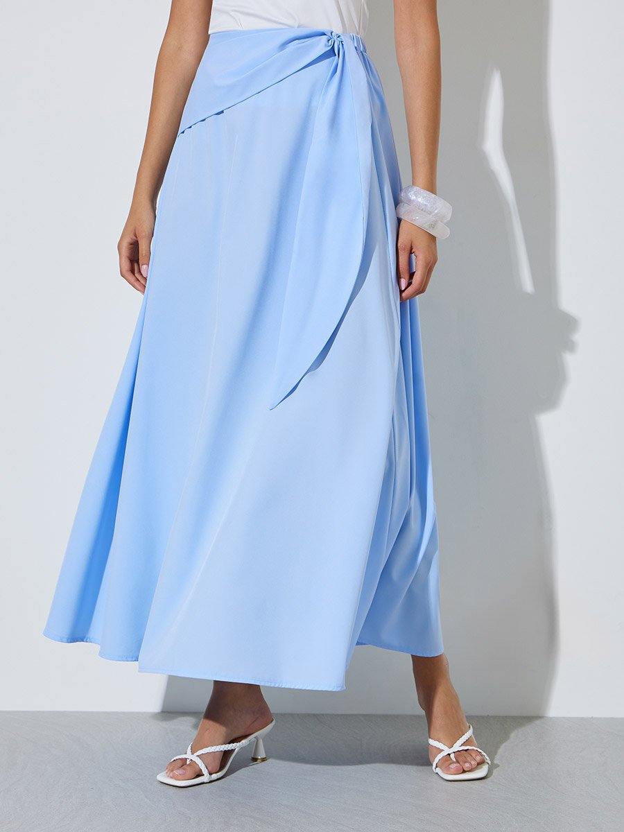 Blue Solid Tie-Waist A-Line Maxi Skirt