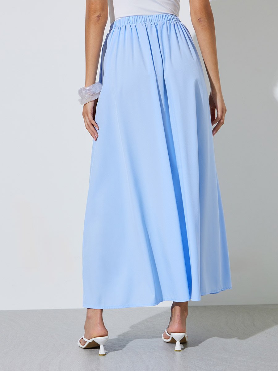 Blue Solid Tie-Waist A-Line Maxi Skirt