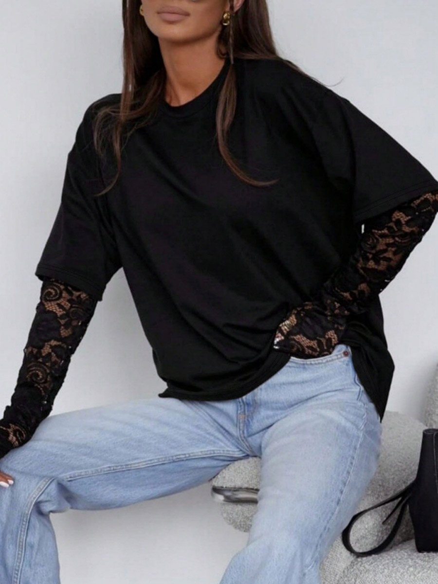 Womens Black Crew Neck Long Sleeve T-Shirt with Lace Detail