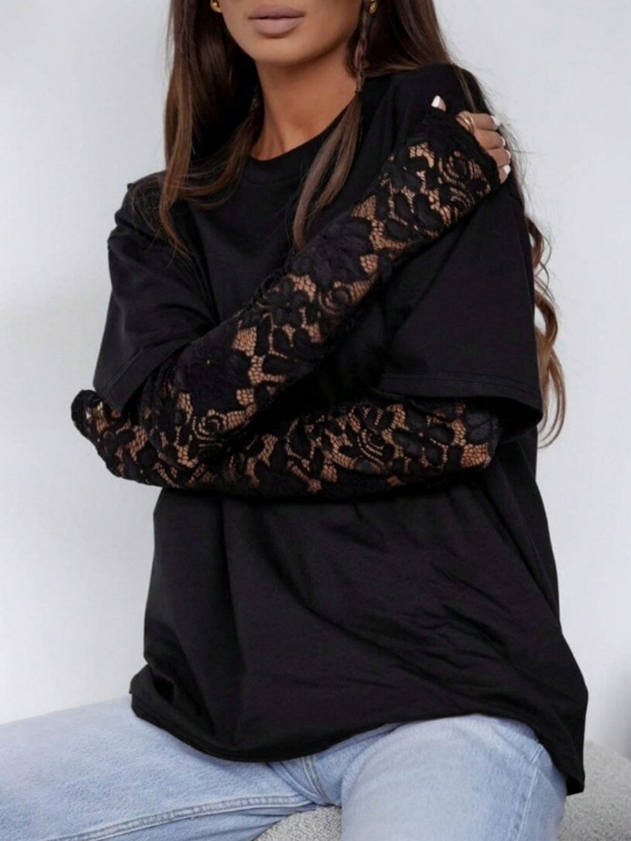 Womens Black Crew Neck Long Sleeve T-Shirt with Lace Detail